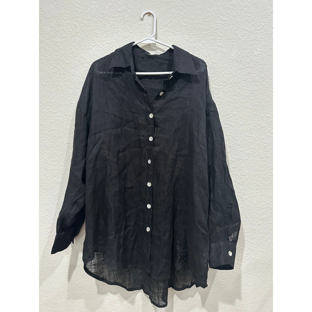 Vitamin A Black 100% Linen Oversized Boyfriend Button Down Shirt Cover Up Large